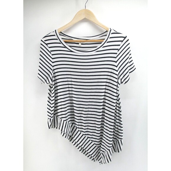 Monteau Los Angeles Top Women’s Black White Striped SPLICED TEE Large‎ Rayon - Picture 1 of 8